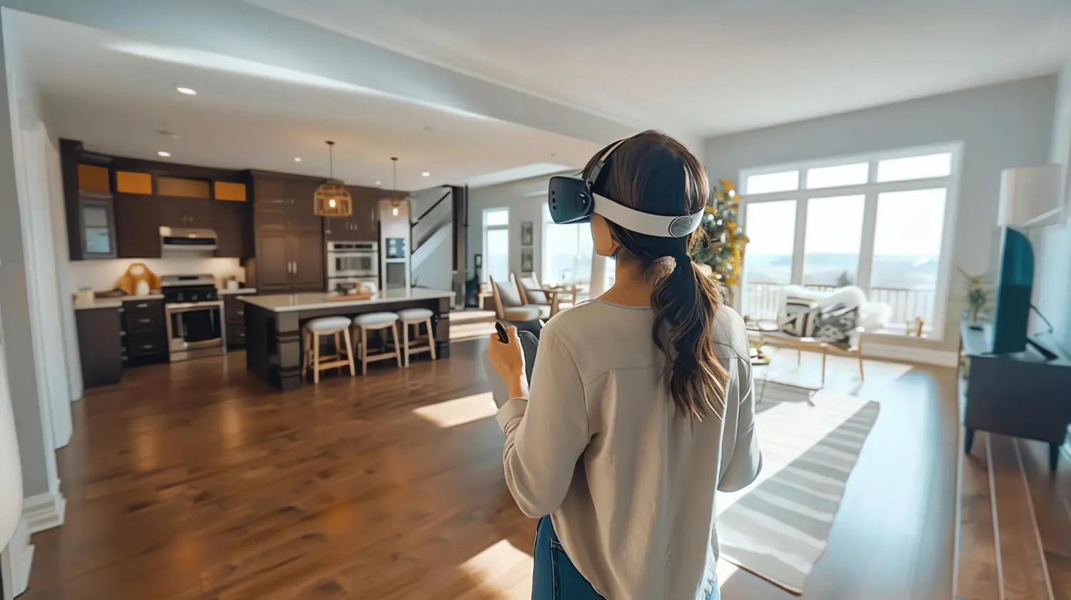 A woman using a virtual reality headset to explore a house