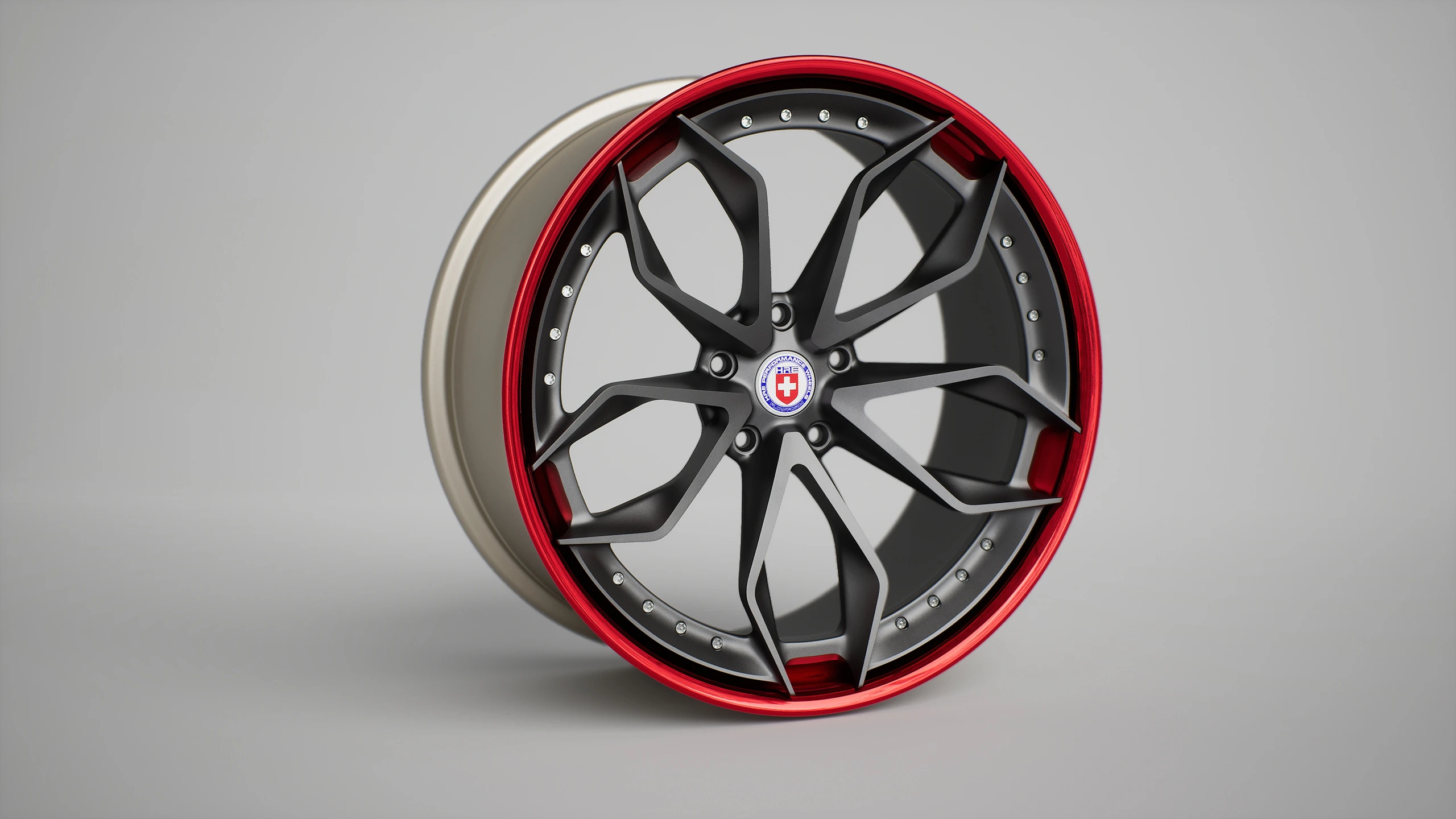 3D model of a red and black car wheel