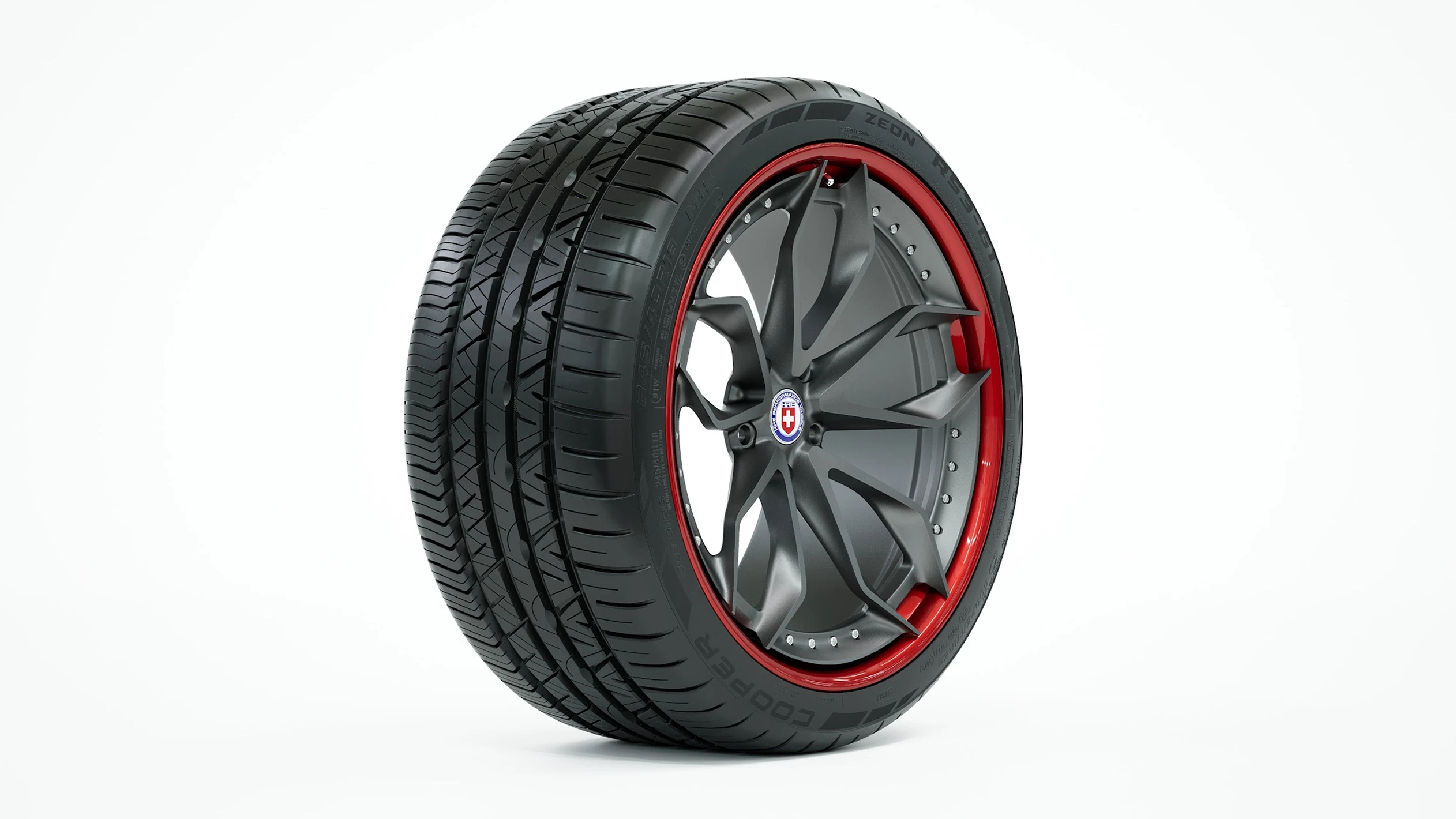 3D model of a car tire with a red and black wheel