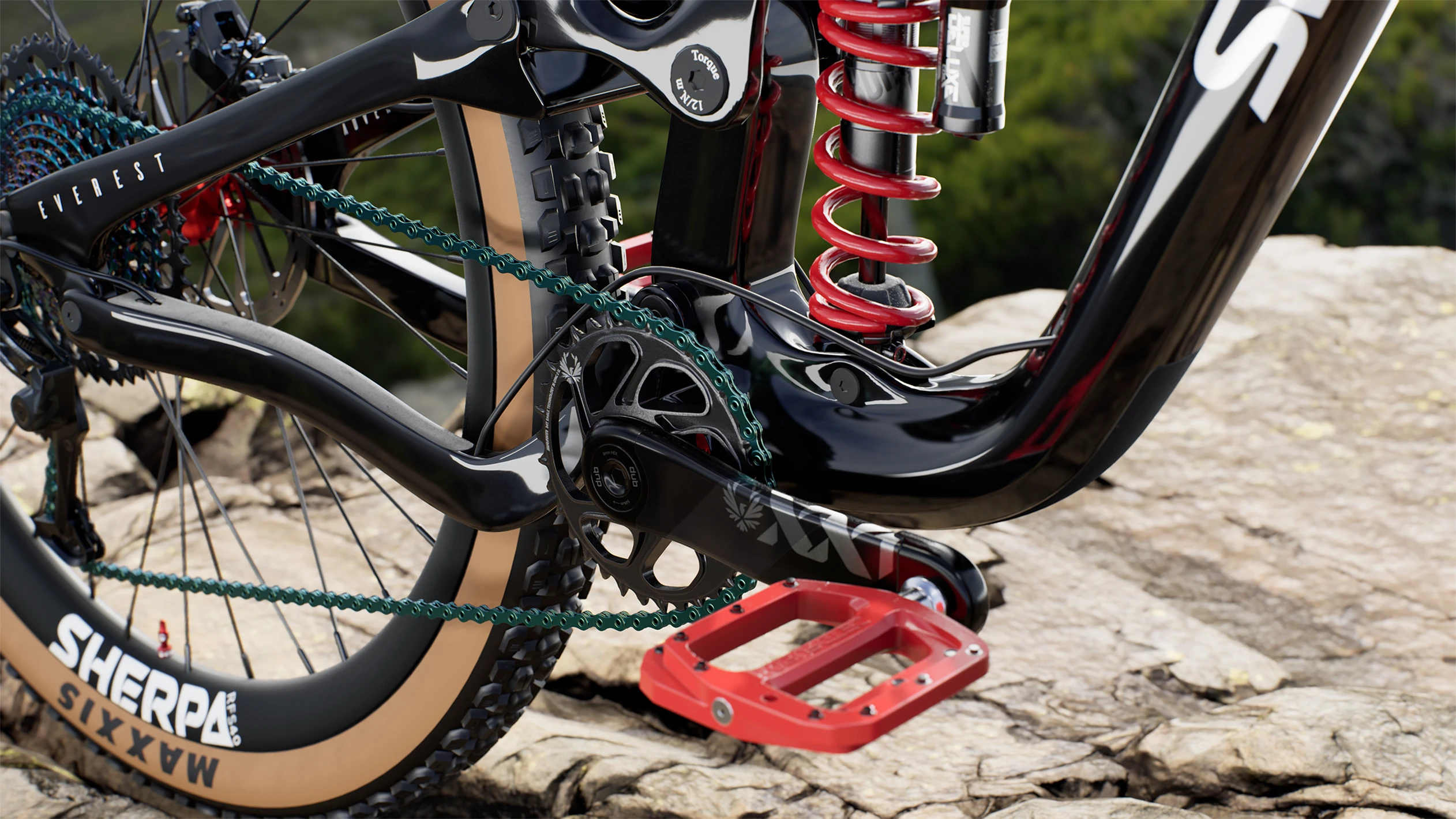 3D model of a mountain bike's drivetrain and suspension