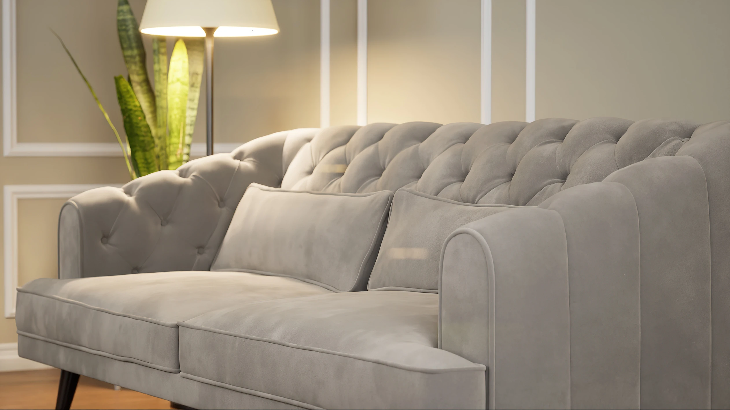 3D model of a gray tufted sofa with a lamp