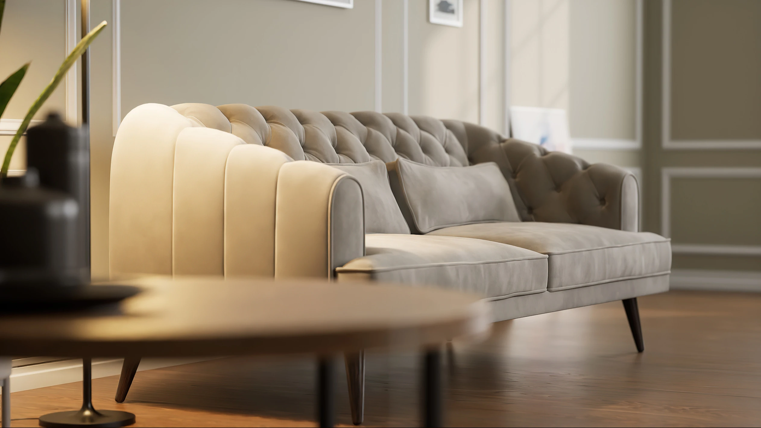 3D model of a beige tufted sofa in a living room