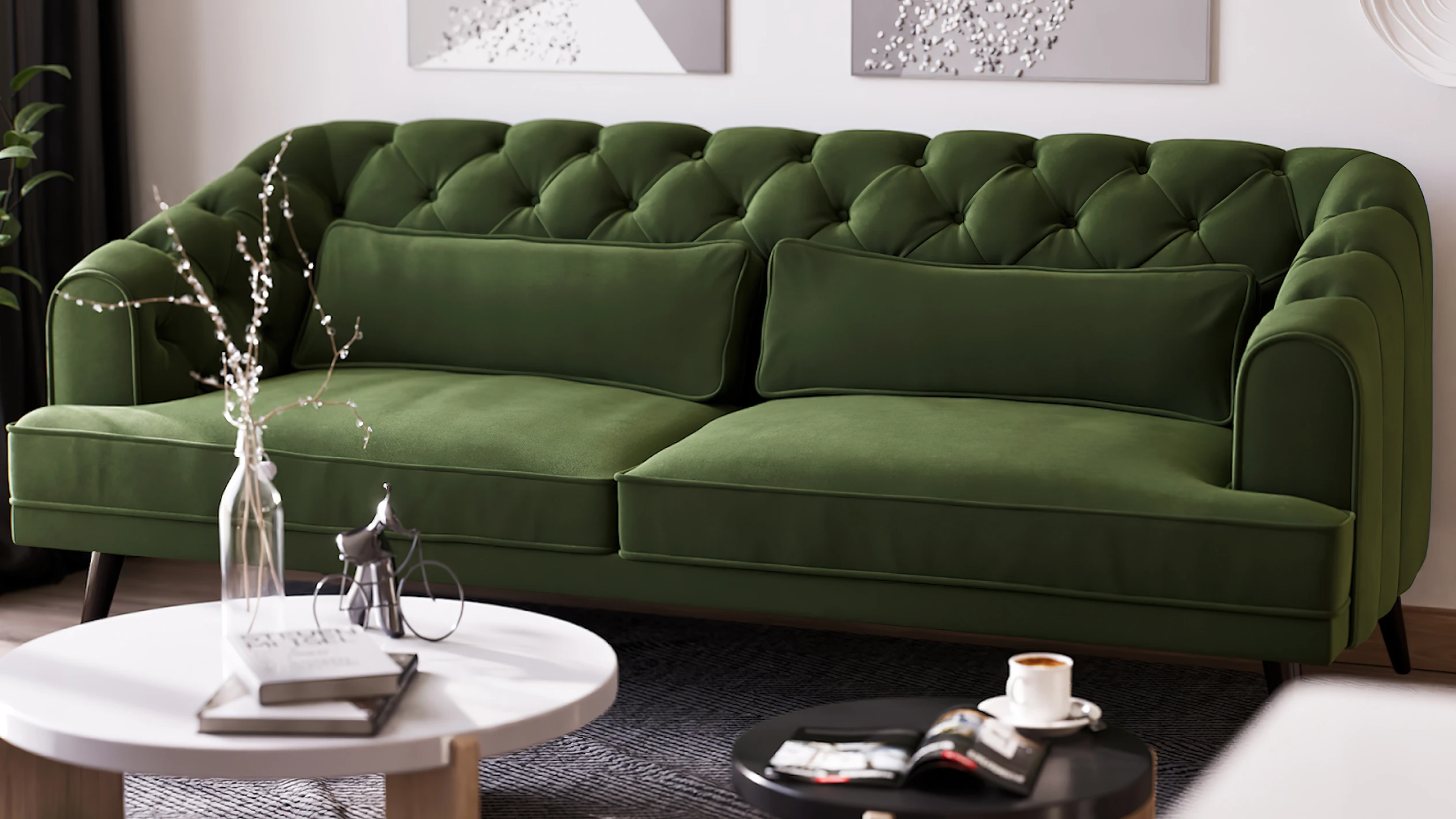 3D model of a green tufted sofa