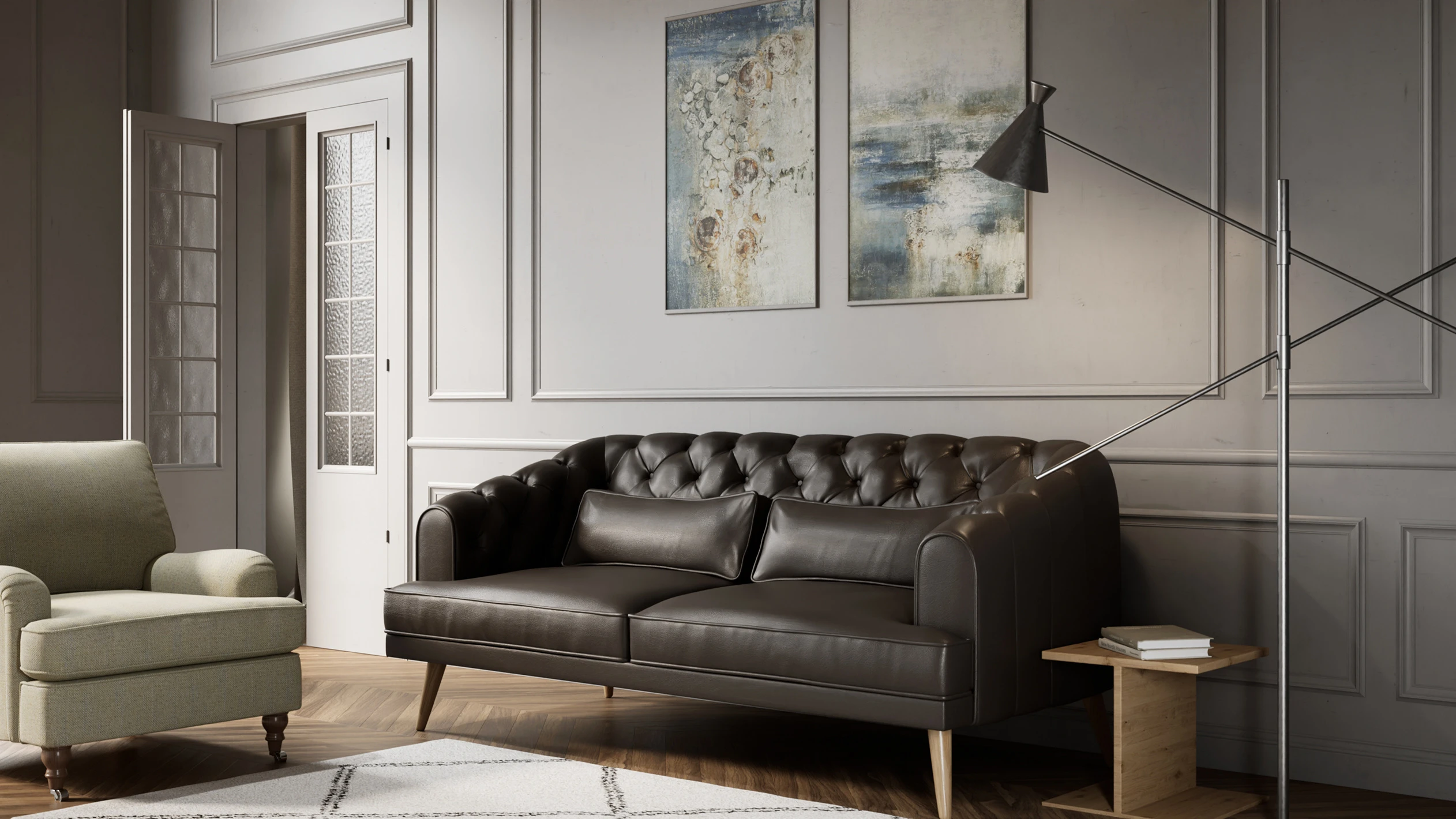 3D model of a dark brown leather tufted sofa