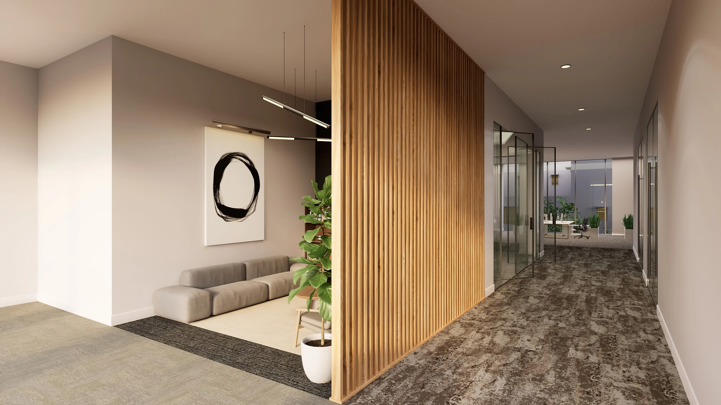 3D model of a modern office lobby