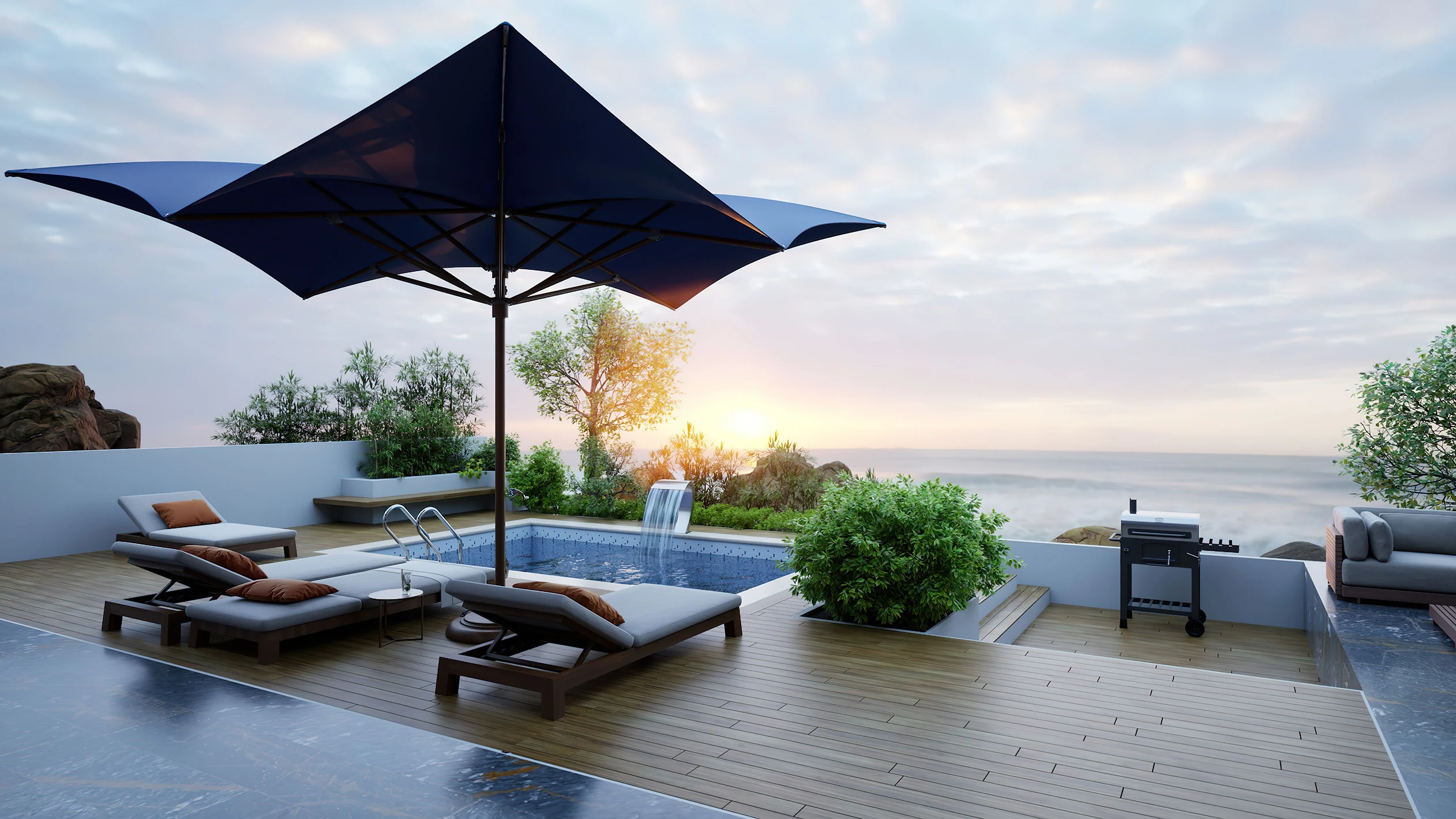 3D model of a patio with lounge chairs and an umbrella